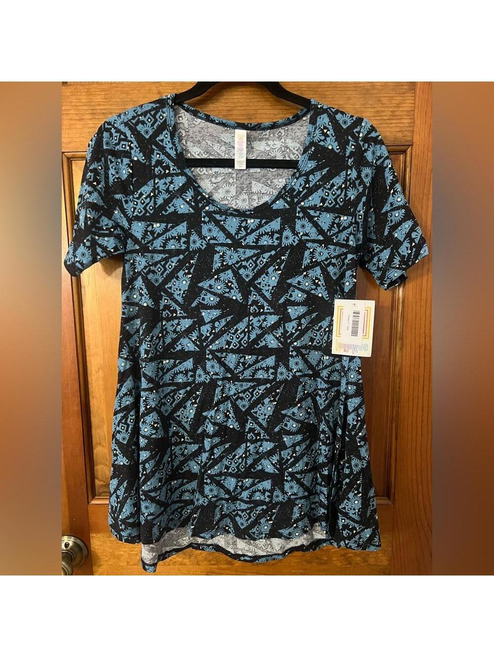 LuLaRoe Perfect T Top Tunic Blue Black Side Slits Flowy T Shirt Blouse XXS NWT